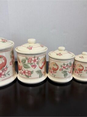 Vintage Floral Fruit Ceramic Canister Set - Cream with Peach and Green